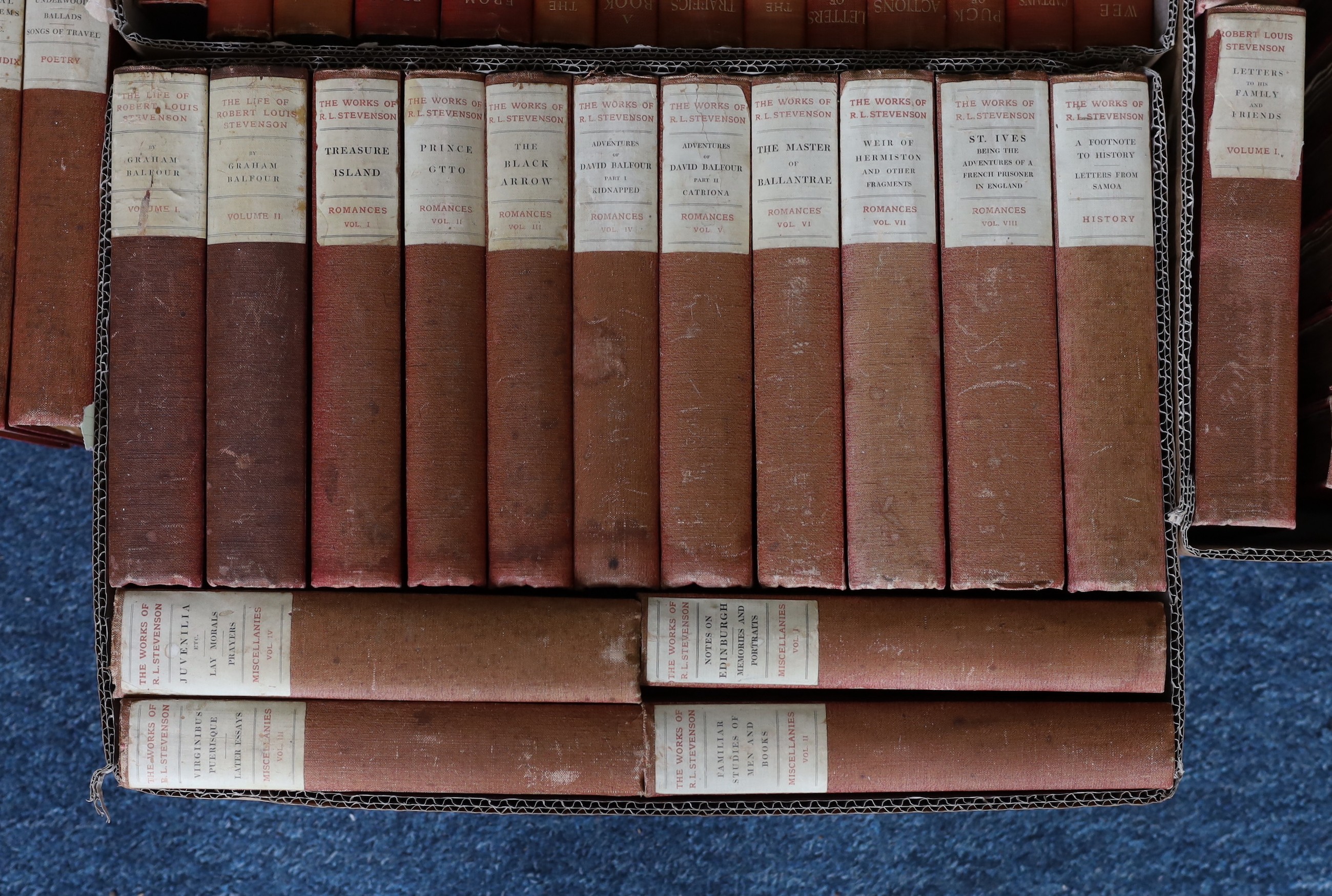 Stevenson, Robert Louis - The Works of .... Edinburgh Edition, 32 vols. some with frontispieces and other illus,; publisher's cloth with printed spine labels, gilt tops. 1895